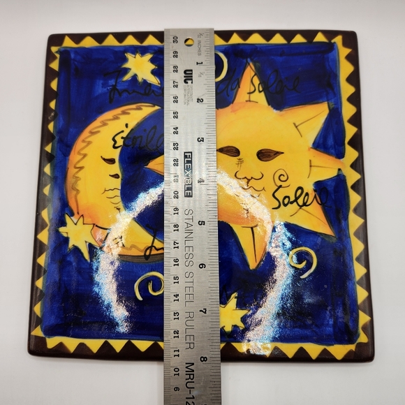 Hausen Ware Painted Celestial Sun Moon Stars Glazed Ceramic Trivet/Wall Decor - Picture 4 of 8